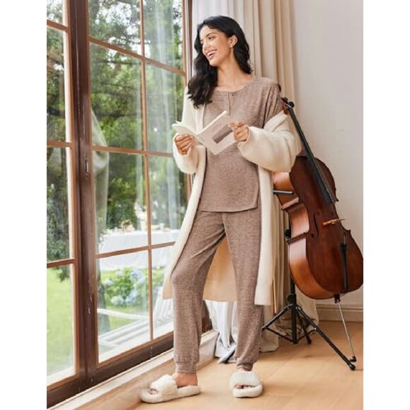 Long Sleeve Henley Pajama Set Polyester-Rayon Blend S-XXL - Picture 4 of 8